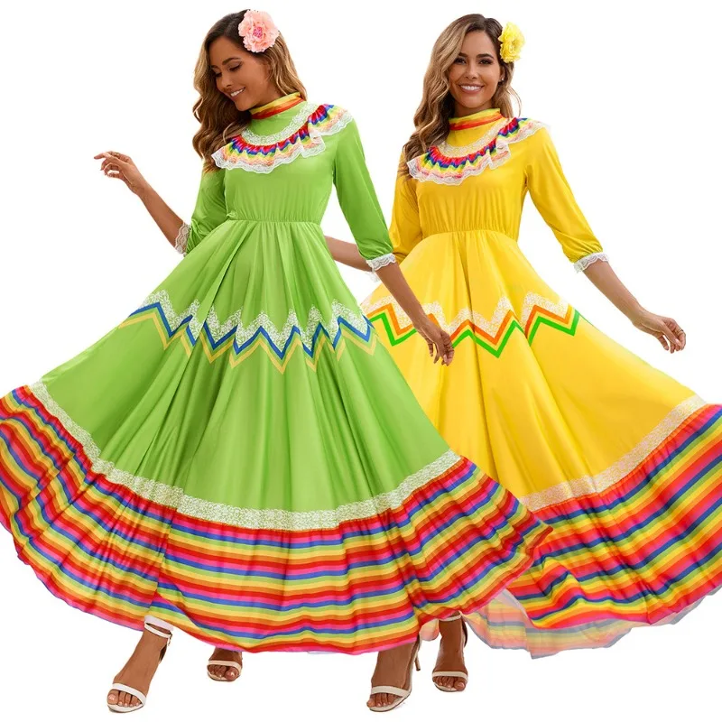 2026 Mexican Floral Skirt Dress Women Spanish Folklorico Dance Performance Swing New