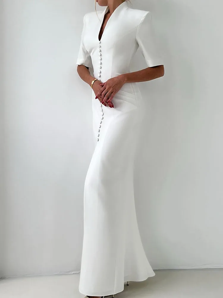 Woman Stand Collar Short Sleeve Single Breasted Shoulder Pad Vestidos New Fashion Evening Gowns White Elegant Skinny Split Dress