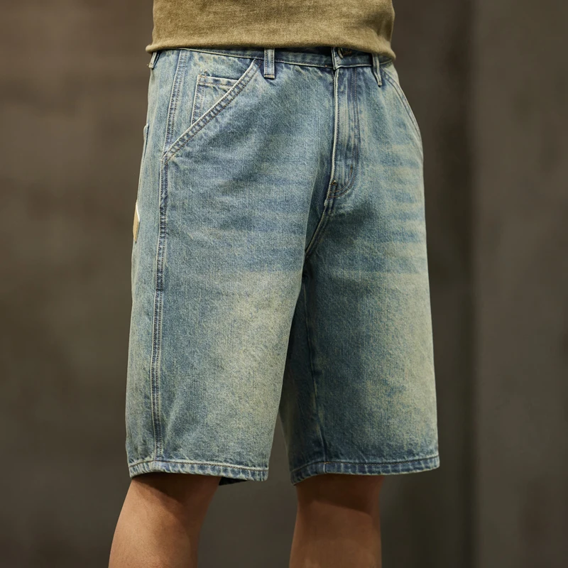 Men Short Jeans 2024 Summer Denim Shorts Retro Blue Straight Cut Large Size Oversized Men\'s Shorts Vintage Knee Length Pants