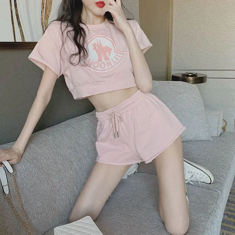 Hikigawa Chic Fashion Short Sleeve Kawaii Letter O Neck Women Tops + Slim All Match Drawstring Short Pants New 2 Sets Ropa Mujer