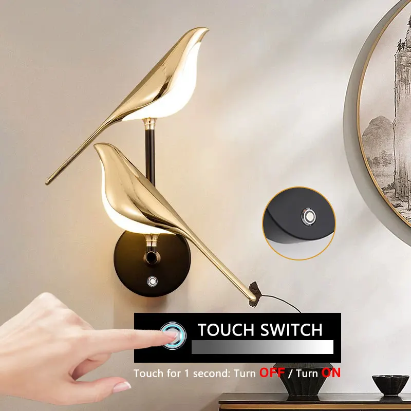 magic bird wall lights com interruptor de toque aisle sconce sala tv backgound prata 360 rotativo iluminacao de parede 01