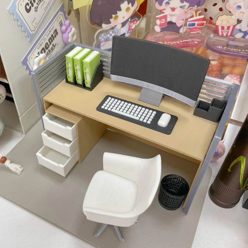 1/12 Scale Miniature Office Scene Model Set - Filing Cabinet Computer Desk And Chair Dollhouse Decor Ornament For Home Work Area