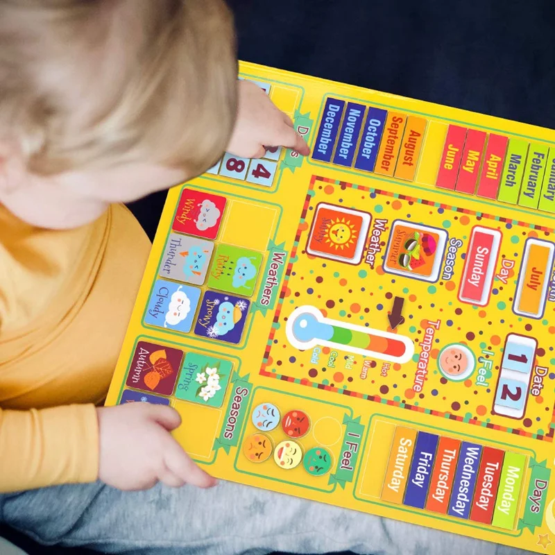 Conjunto de primer calendario magnético diario para niños, juguetes de aprendizaje preescolar, estación meteorológica para niñas y niños, utilizable en la pared o el frigorífico