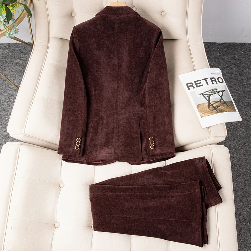Элегантный осенне-зимний толстый вельветовый комплект из брюк для женщин, комплект из 2 предметов, одинаковые комплекты, винтажный пиджак на одной пуговице, брючные костюмы