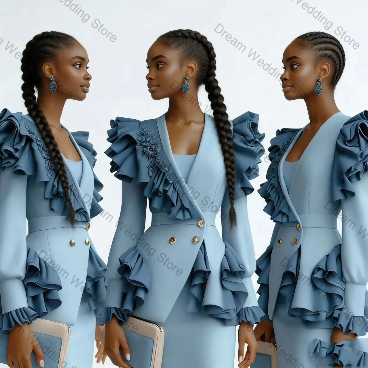 

Blue Women Suit Set 2 Pcs Blazer+Prom Dress Ankle Length Skirt Spring Formal Office Lady Jacket Customized Wedding Guest Coat