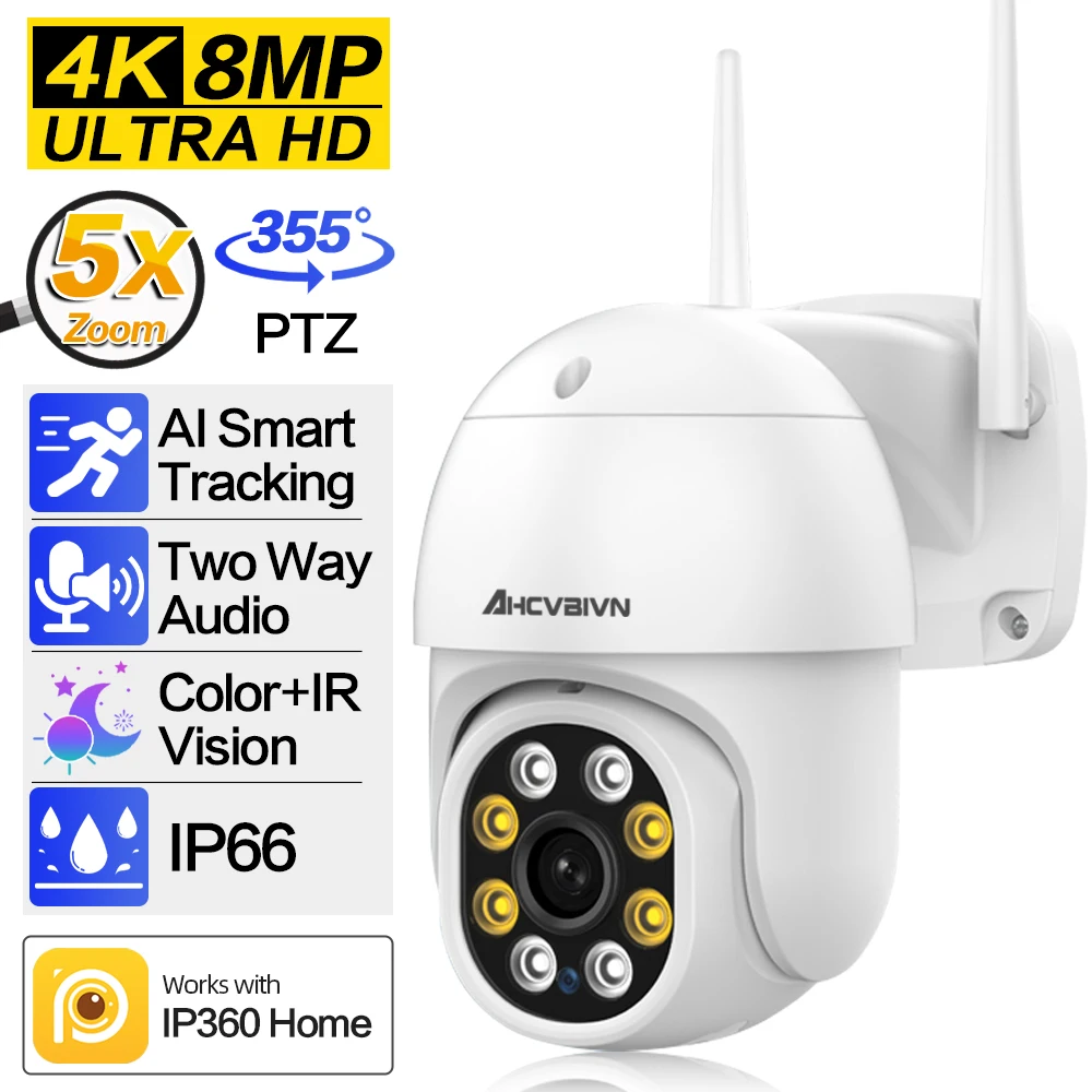 Outdoor Wireless Camera 8MP 4K Color Night Two Way Audio WiFi IP Camera Auto Tracking Ai Humanoid Detection Cam IPC360 Home APP