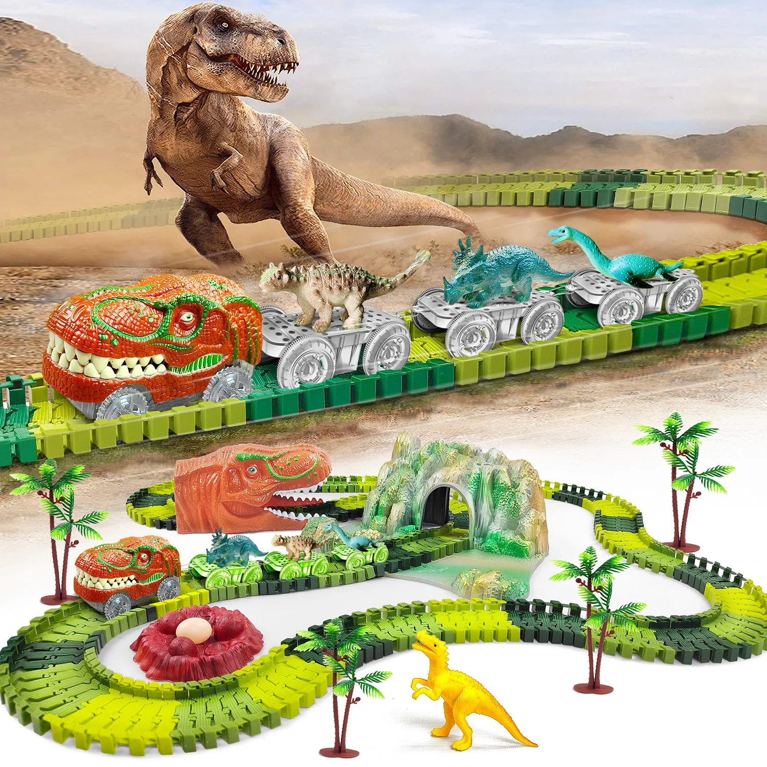 Dinozor oyuncak trenler bir dinozor dünya yol yarış-esnek parça Playset oluşturmak, dinozorlar oyuncaklar eski erkek kızlar için yarış arabası