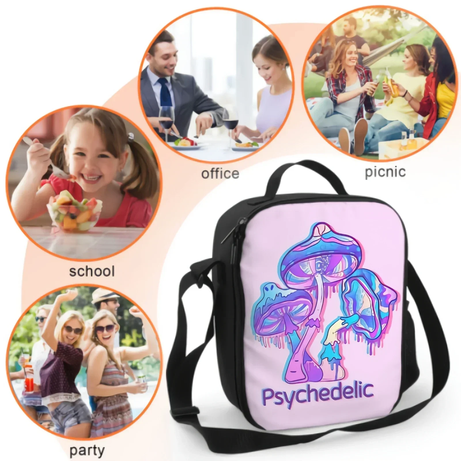 Psychedelic Mushrooms With Gradients And Uv Neon Light Effects Lunch Box Insulated Meal Bag Lunch Bag Food Container for Travel