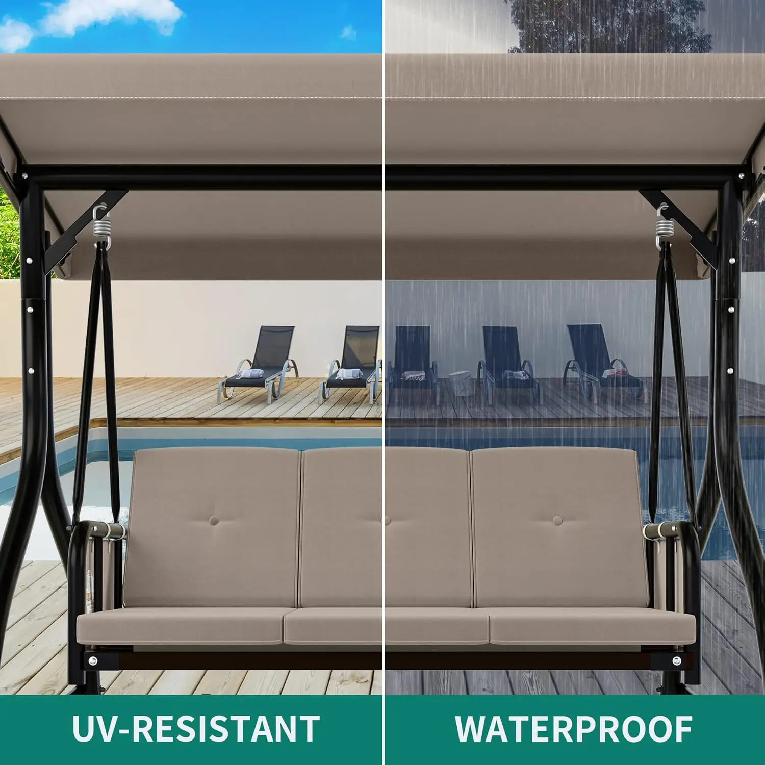 YITAHOME Outdoor Veranda Schommel 3-persoons Patio Schommelstoel Verstelbare Luifel Afneembaar Kussen Tuin Zwembad Balkon Grijs