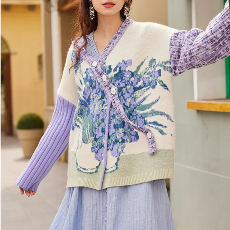 French Women Button Knitted Cardigan Van Gogh Art Painting Floral Jacquard Sweater Female Vintage Loose Casual Knitwear Coat