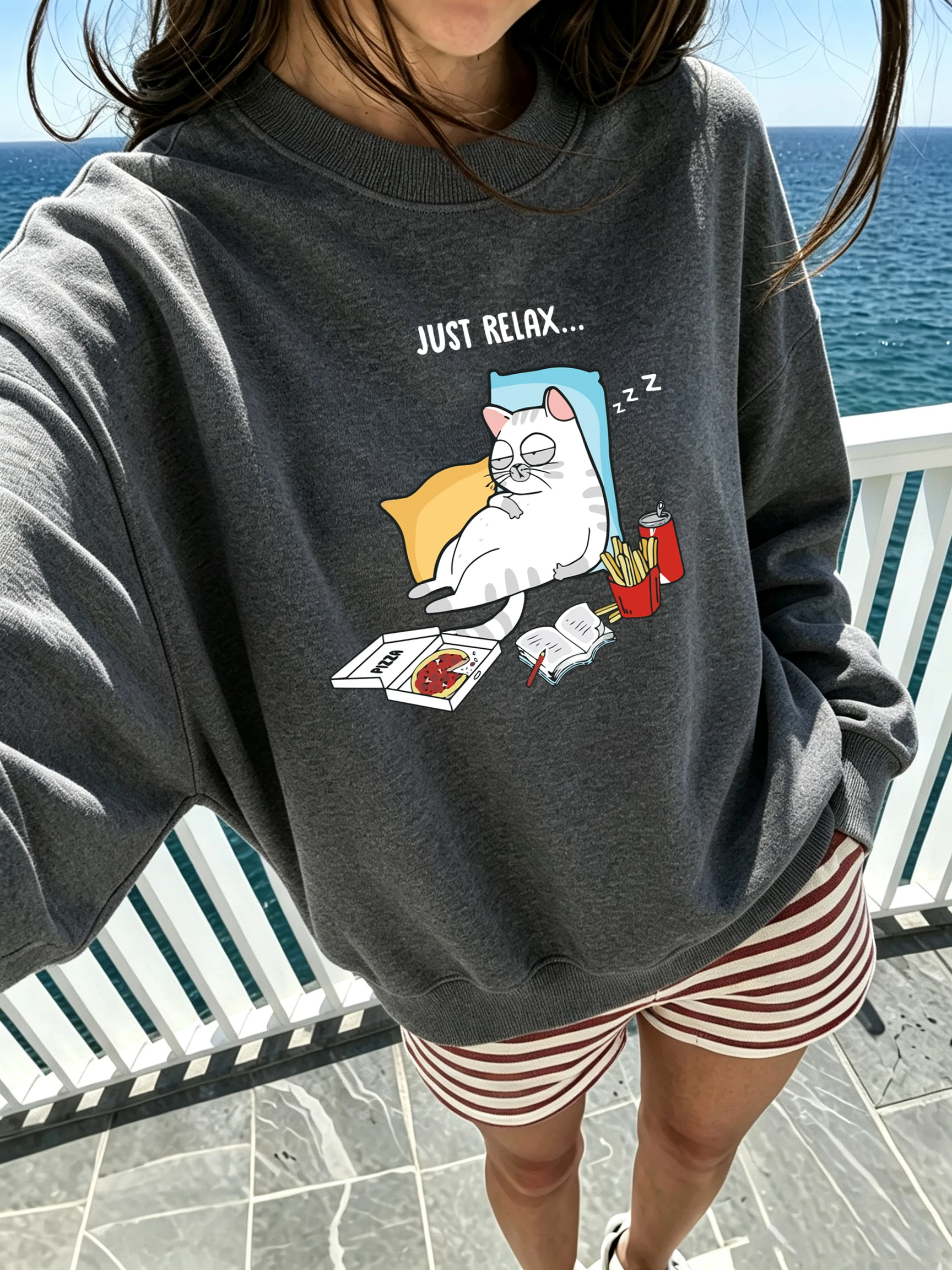 Just Relax A Lazy Cat With Drowsiness Print Female Sweatshirts Breathable Personality Top Trendy Simple Clothes Soft Street Tops