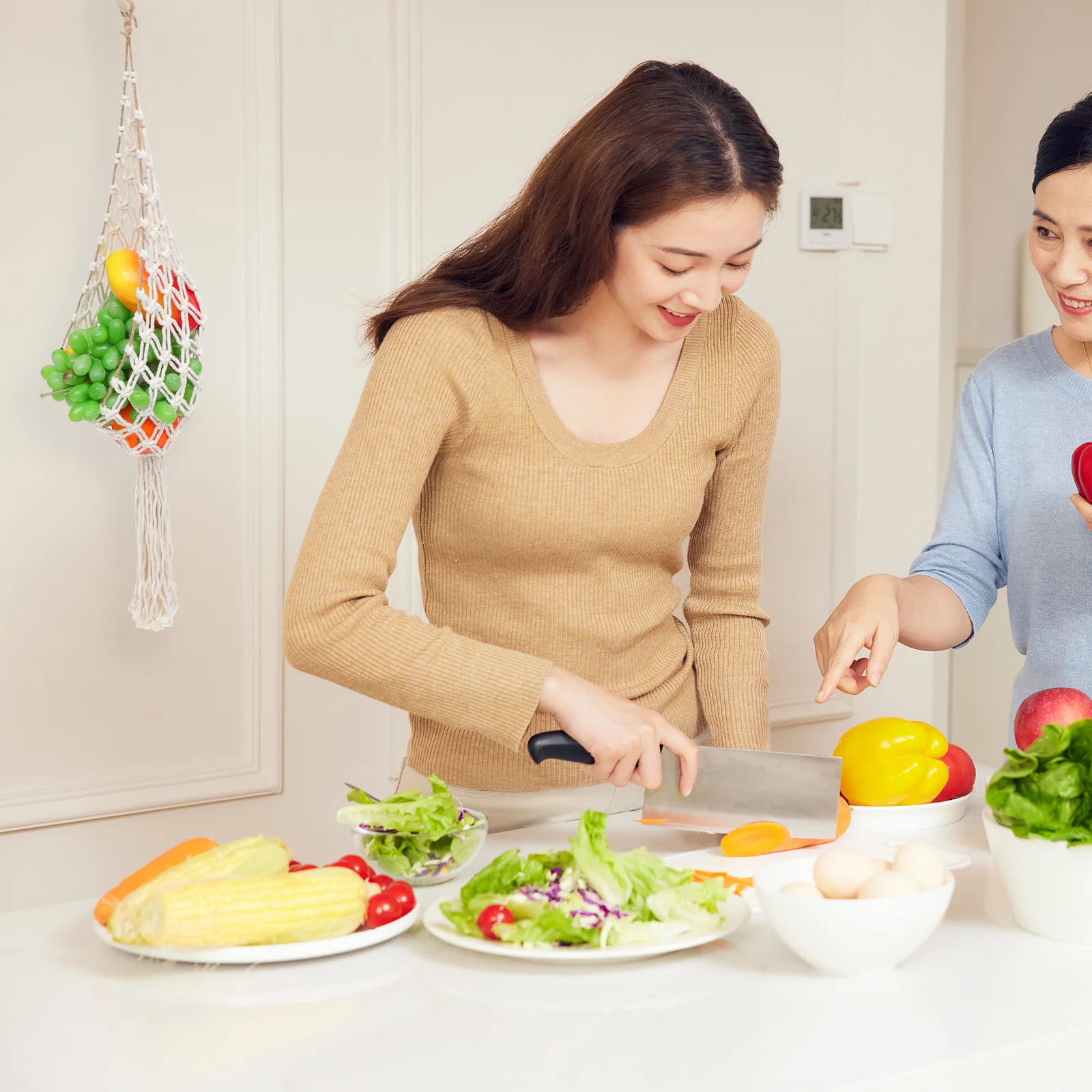 

Vegetable Mesh Reusable Woven Grocery Hanging Fruit Basket For Fruits Vegetables Nuts Seafood Macrame Fruit Bag Woven Mesh