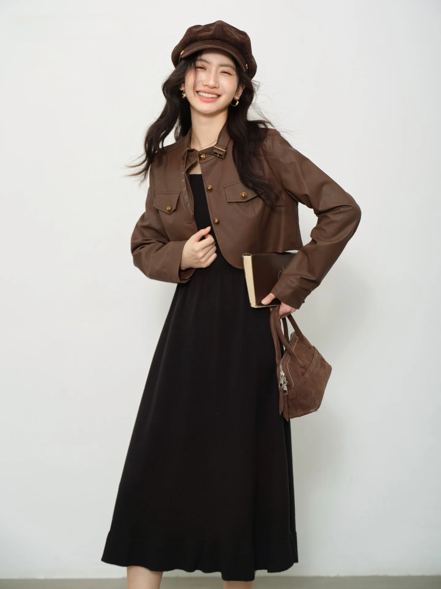 Ele marron ort col montant en cuir Jaet femmes Faion vêtements d'extérieur automne hiver nouveauté Vintage journal Sle