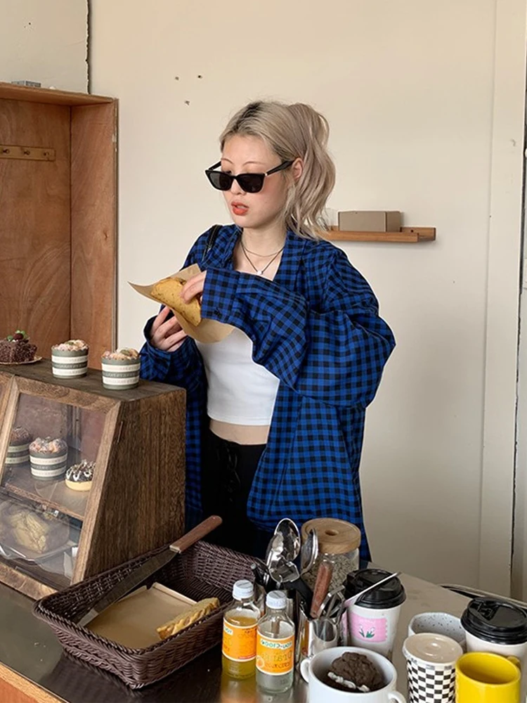 

Retro Blue Plaid Long Sleeve Sun Protection Shirt Women Summer Thin Cardigan Loose Casual Shirt Jacket Korean Style Commute