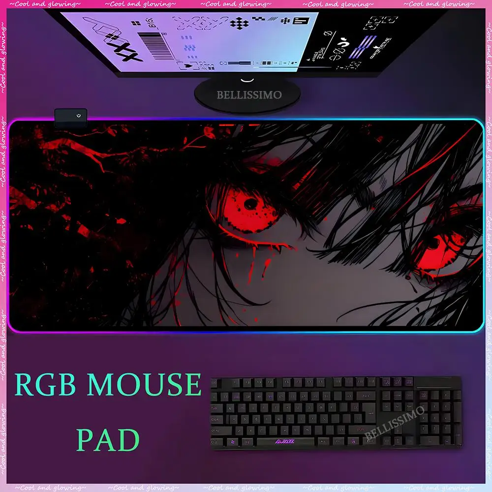 

Anime Girl Large Rubber Mouse Pad RGB Non-slip Horror Dark Desk Mat LED Accessories Game XXL Mouse Pad Red Eye Game Keyboard Pad