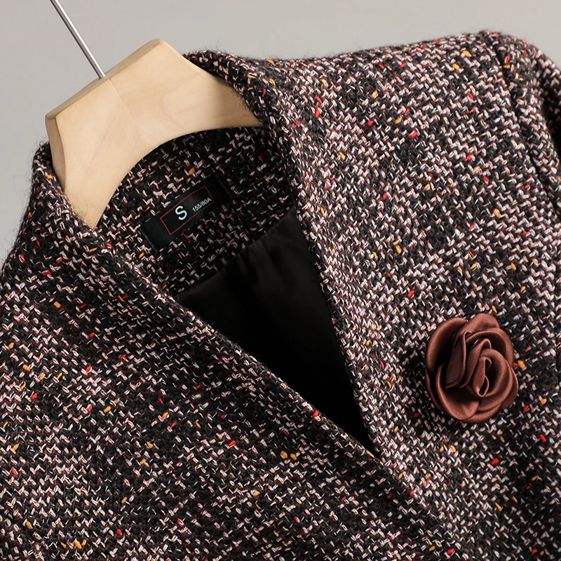 여성용 레트로 다크 브라운 격자 무늬 V넥 긴팔 모직 블레이저 코트, 빈티지 우아한 싱글 단추 상의, 한국 패션, 가을 겨울