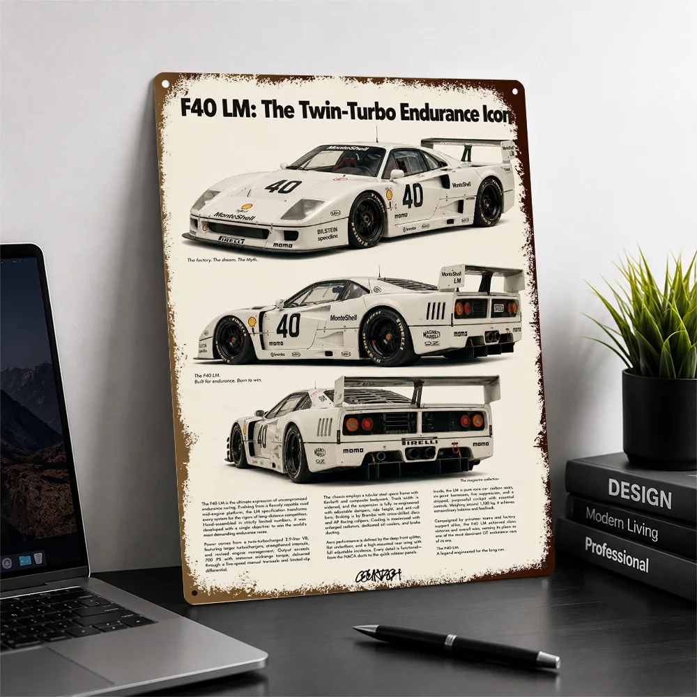 Italy F40 LM White Endurance Race Car Aluminum Poster Customized Metal Tin Sign Circuit Champion Style Wall Art Ideal For Home