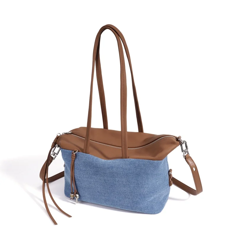 Trendy Denim Splicing Leather Crossbody Bag Women Fashionable Linen Fabric Large Capacity Shoulder Bag Versatile Commuting Bag
