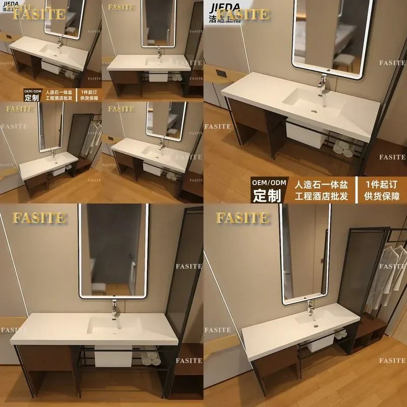 For Hotel Bathroom Seamless Artificial Stone Integrated Wash Basin Acrylic Gel Vanity Cabinet Simple Modern Design Durable