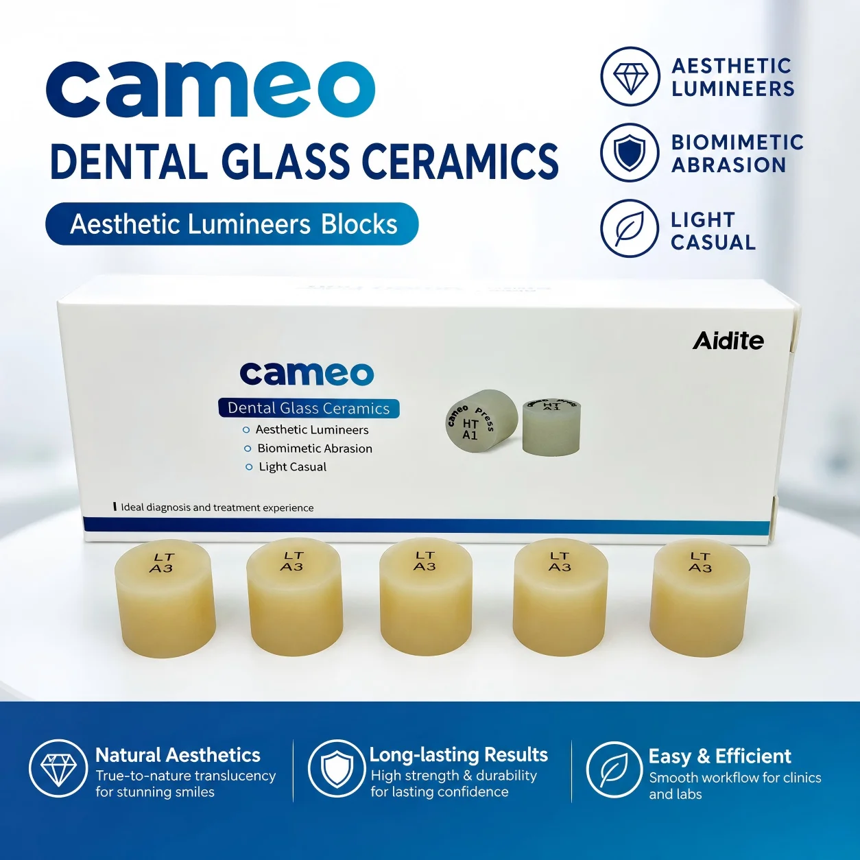 5Pcs/Pack Aidite Lithium Disilicate Glass Ceramic Press Ingots, Dental Restorative Material for Crown & Veneer