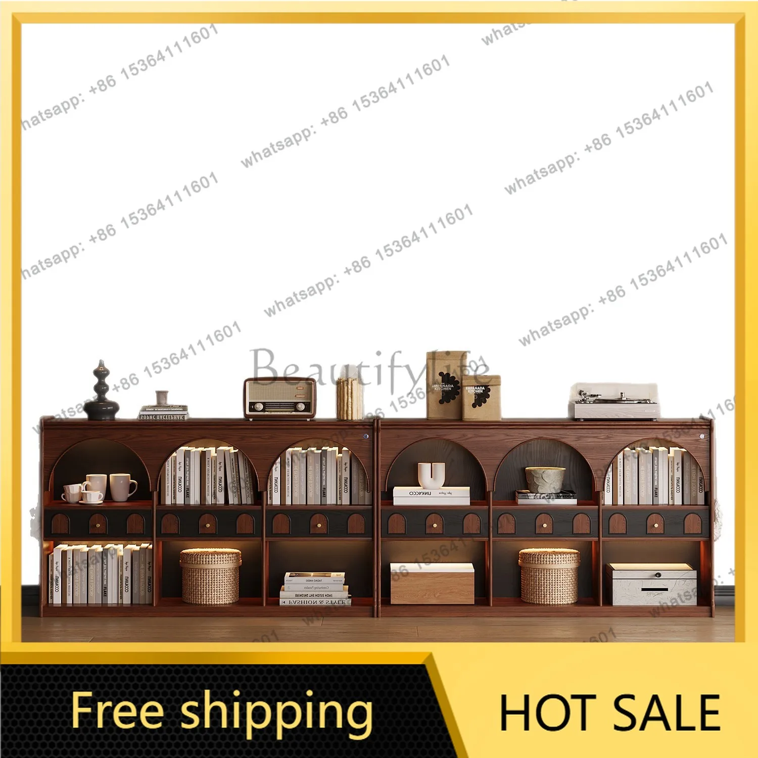 FG Vintage-style solid wood half-wall bookcase, living room French display storage cabinet