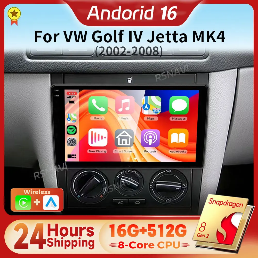 Android 16 Qualcomm Carplay Auto Car Radio Multimedia Player For Volkswagen Golf Mk 4 2004-2008 Audio Autoradio GPS Stereo 2din 