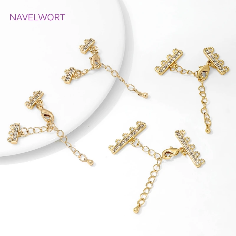 18K Gold Plated Inlaid Zircon Extension Chain Connector,Brass 2/3/4/5 Rows End Fasteners Clasps,For DIY Jewelry Making Findings image 4