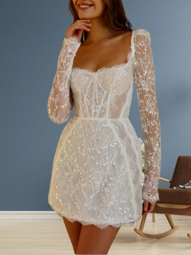 Elegant Lace Long Sleeve Mini Dress Sweetheart Shining Party Dress Women's Slimming Cocktail Party Dress Customization