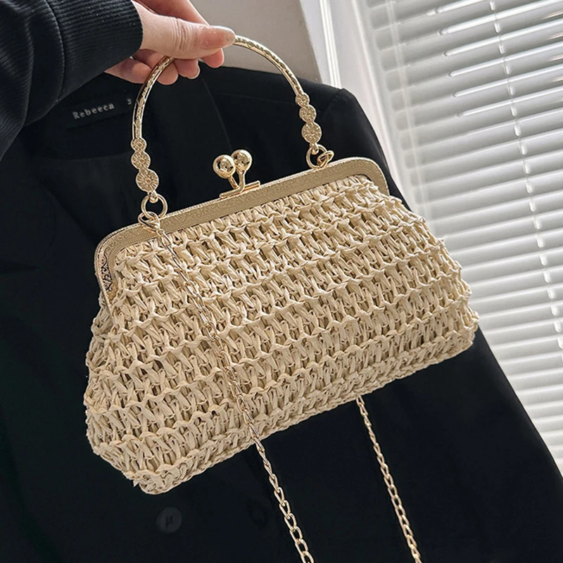 

Women Exquisite Evening Bag Gold Chain Party Banquet Purse Hand Woven Straw Handbag Female Clutch Bag Shoulder Crossbody Bags