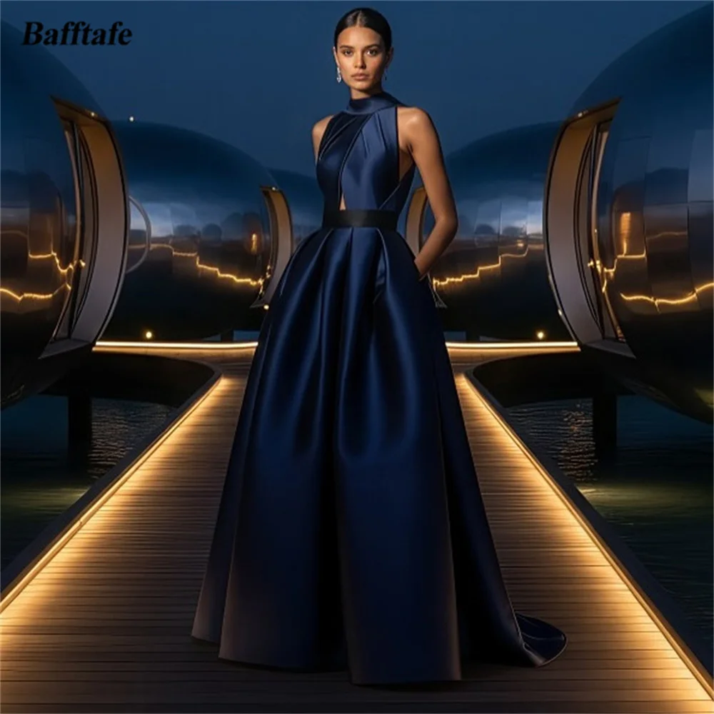 

Bafftafe Simple Navy Blue Satin Long Prom Dresses Customized Women's Evening Dress With Pocket Occasion Wedding Engagement Gowns