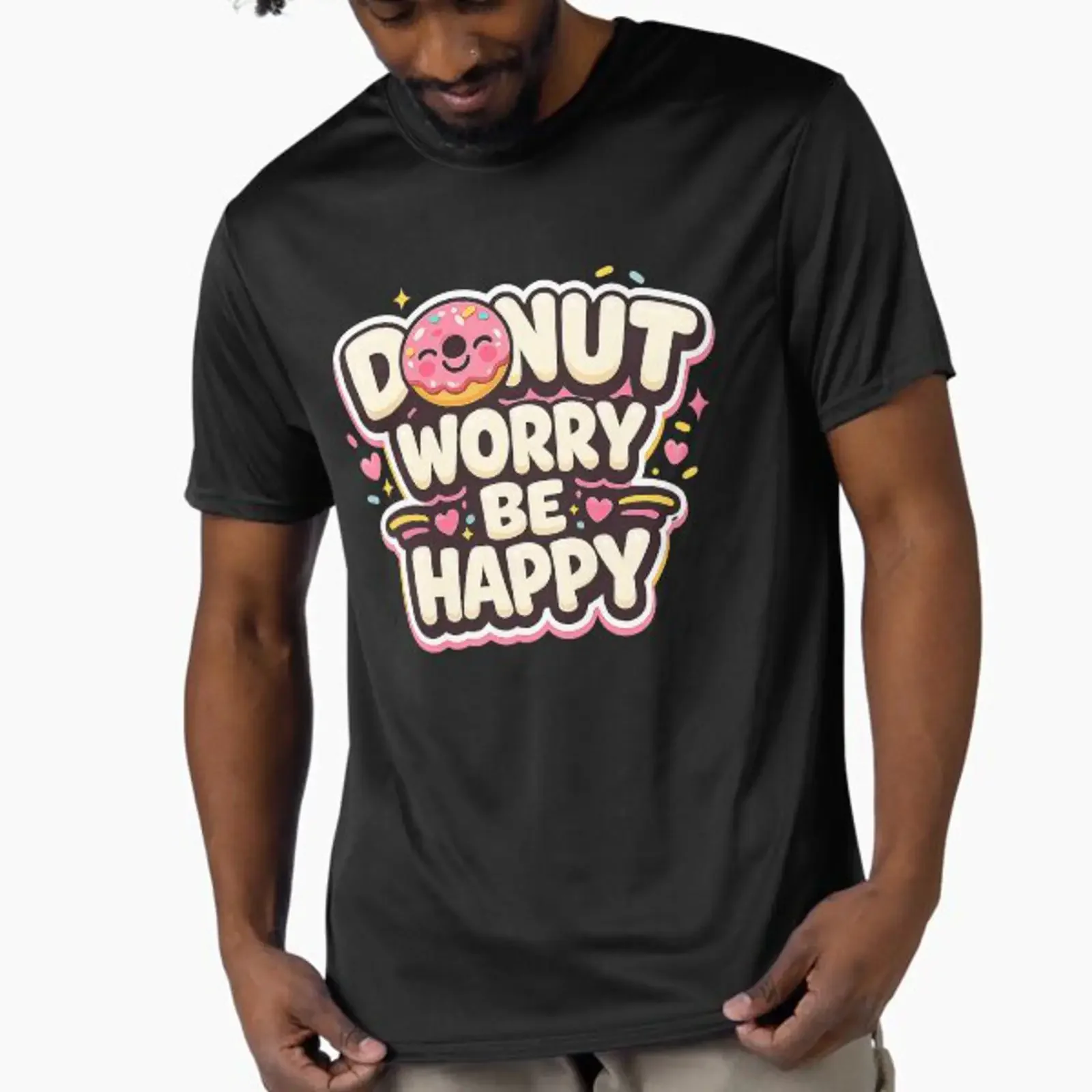 Cute Donuts Illustration Donut Worry Be Happy Active T Shirt vintage Washed Top For Everyday Wear graphic Unisex