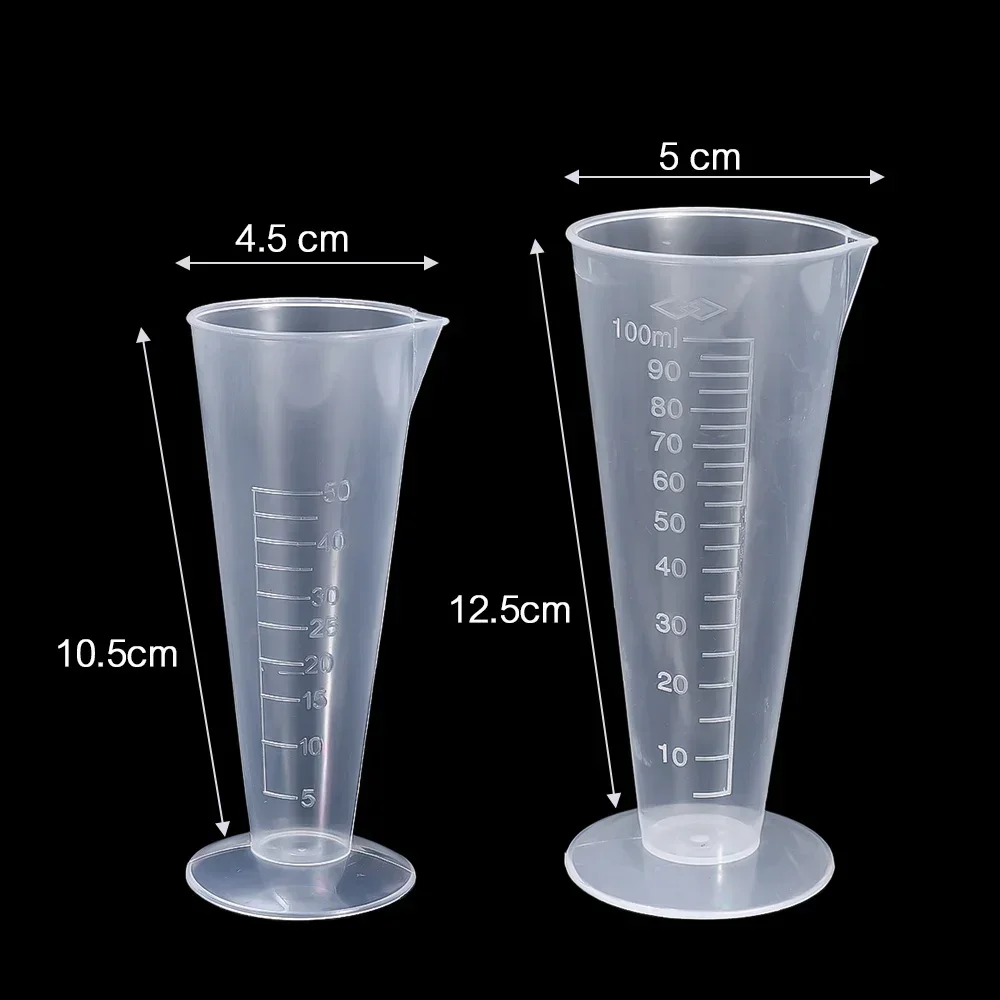 Taza medidora de plástico Triangular para graduado, vaso medidor graduado para laboratorio, hogar, cocina, prueba, 50ml/100ml, 2 uds.