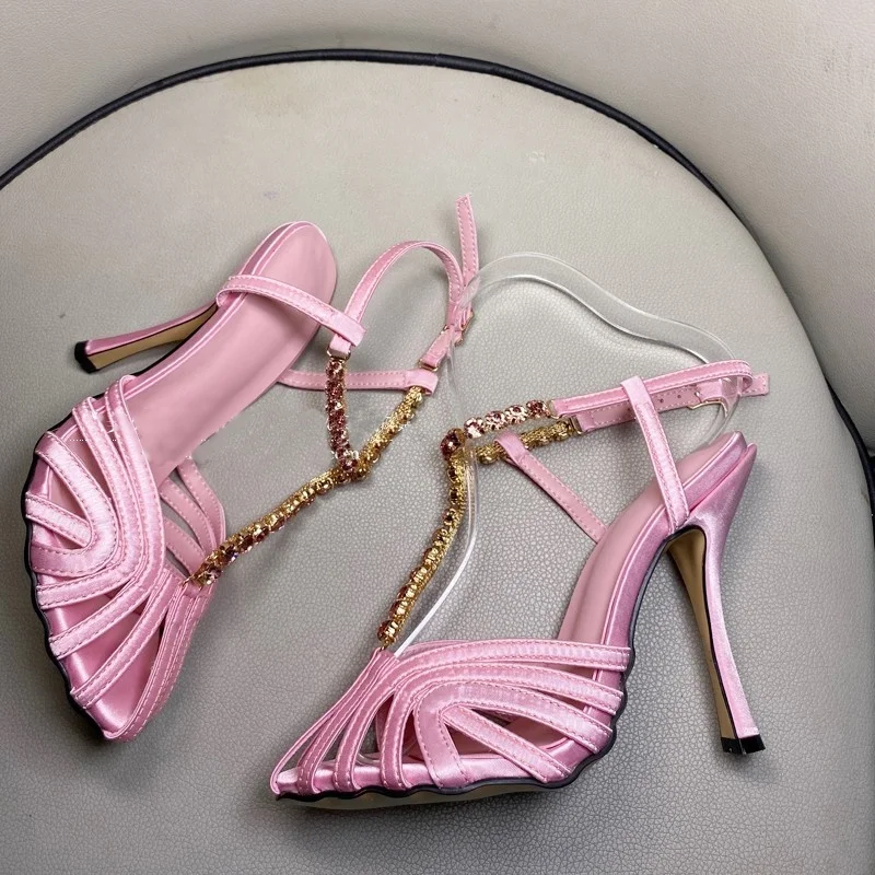 Rhinestone Chain T-Strap Hollow Pink Silk Sandals Women Black Hollow Shoes Summer Forged High Heels Stiletto Sexy High Heels 43