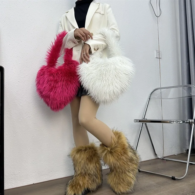 Cross-border New Wool Bag Small Love Bag Female Cute Shoulder Handbag Simple and Fashionable Colored Plush Bag