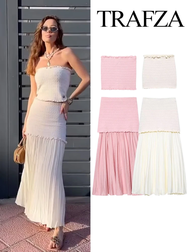 

TRAFZA Women Elegant Skirt Suit Sexy Sleeveless Backless Knitted Texture Short Vest Top+Chic Splicing Pleated Slim Midi Skirt