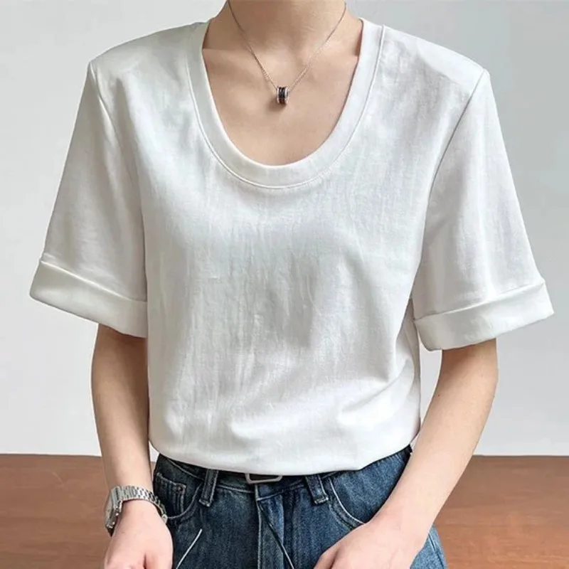 Women's U-Neck Rolled Sleeve Linen Blend T-Shirt Casual Loose Fit Summer Tee