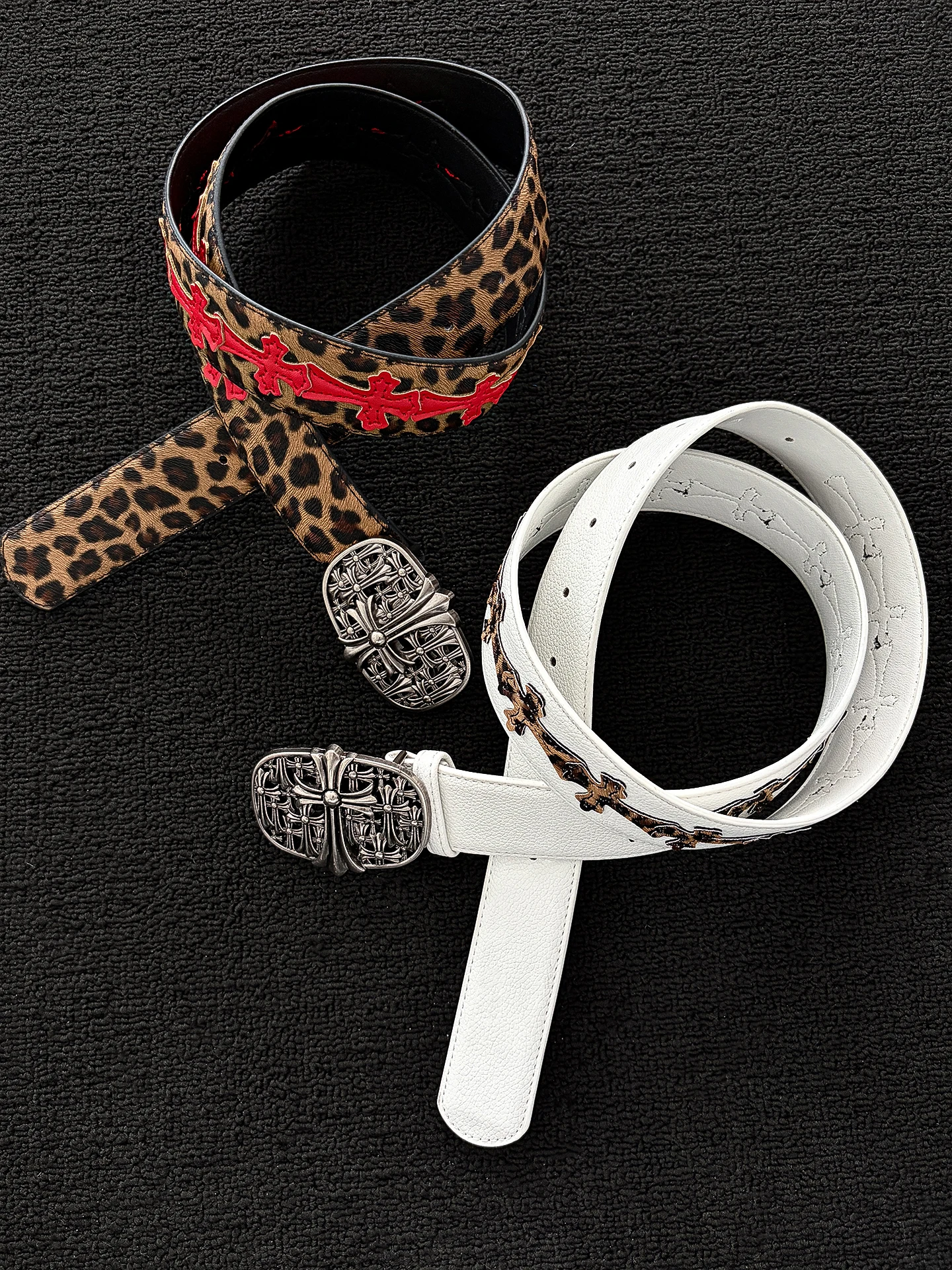 Retro American Leopard Print Contrast Color Cross Heavy Duty Belt Men's Punk Style Street 3D Carving Metal Buckle Leather Belt