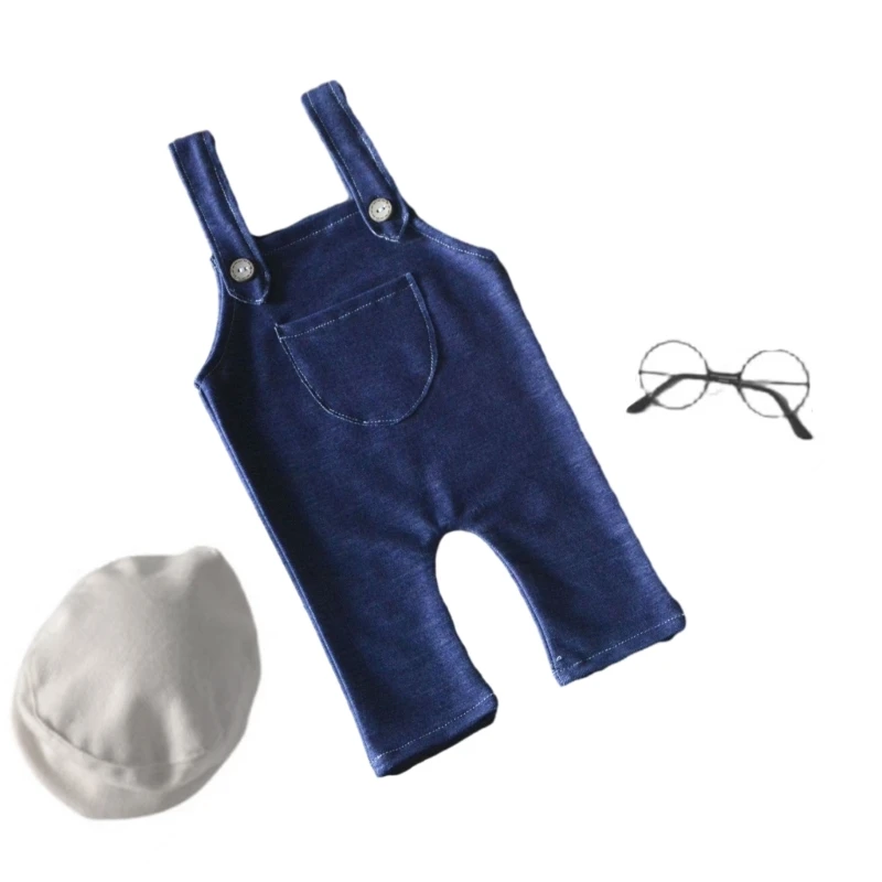 0-2M Baby Photo Clothes Overalls Jumpsuit Hat Glasses Newborn Photography Costume Set Infant Photoshoots Outfit