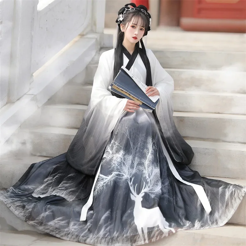 Traditional Hanfu Classical Black and White Gradient Folk Dance Costumes Retro Cross-Neck Waist-Length Dress Large Sleeve Shirt