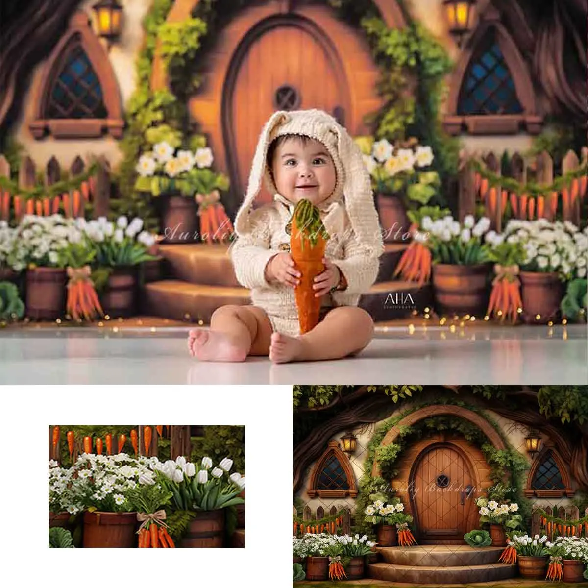 Easter Bunny Backgrounds Cake Smash Kids Adult Photography Props Child Baby Forest Cabin Carrots Decors Photo Backdrops