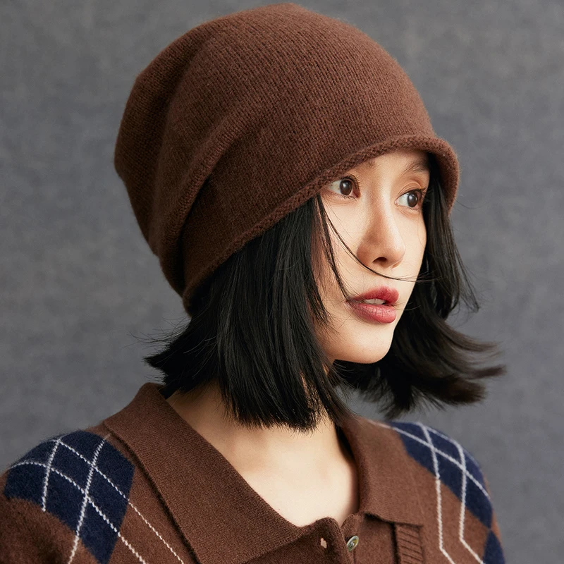 

Women 100% Cashmere Hat Autumn Winter Flat rolled edge casual hat Office Lady Cashmere Knitted WarmHat Luxury High Quality