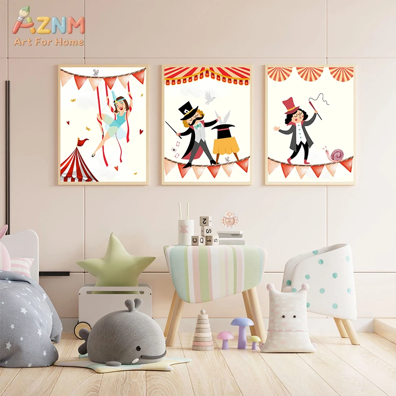 AZNM Retro Circus Cartoon Canvas Wall Art, Magician Acrobat Strongman Tent Illustration Kids Nursery Playroom Home Wall Decor Un