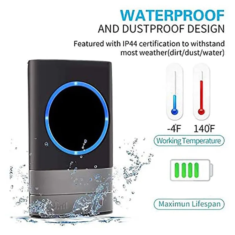 ABFN-جرس الباب اللاسلكي طقم جرس الباب المقاوم للماء نطاق 200 متر مع 45 نغمة، 4 مستوى الصوت 2 استقبال للمكتب الولايات المتحدة التوصيل