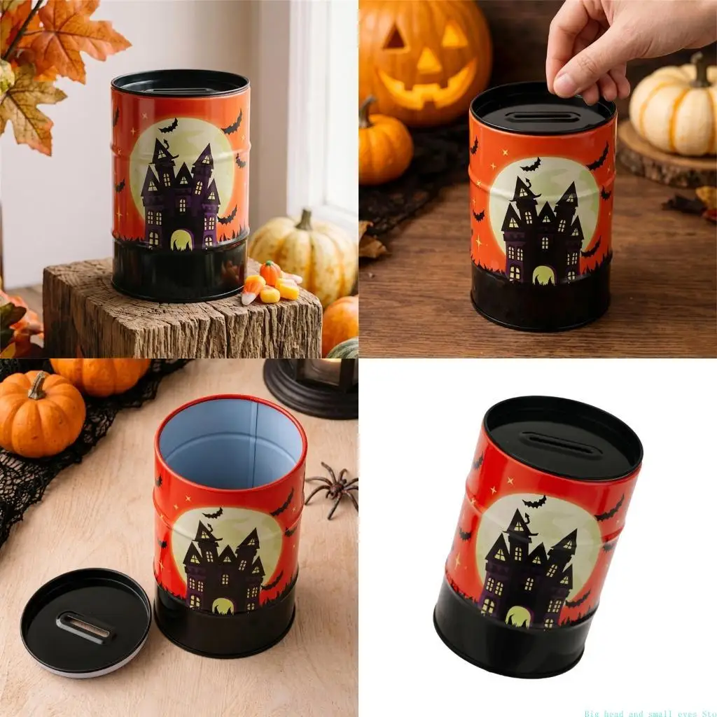 581C Unique Halloween Coin Container Castles Pattern Tinplate Cylinder Piggy Banks with Easy Opening Lid Money Saving Jar