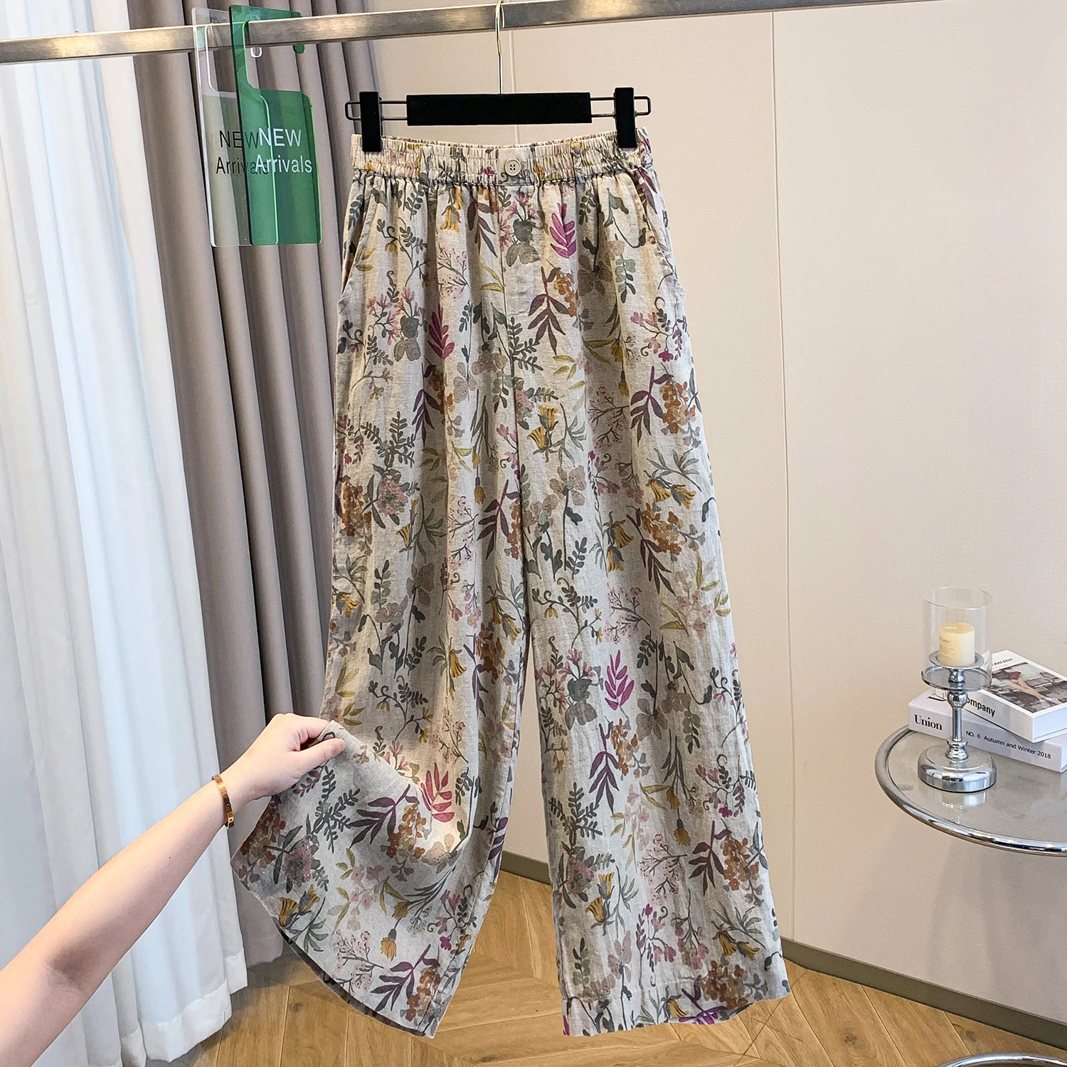 High-End Anti-Aging plus Size Women's Floral Print Elastic Waist Summer Pants Versatile Casual Cotton Linen Blend Wide Leg Tr...