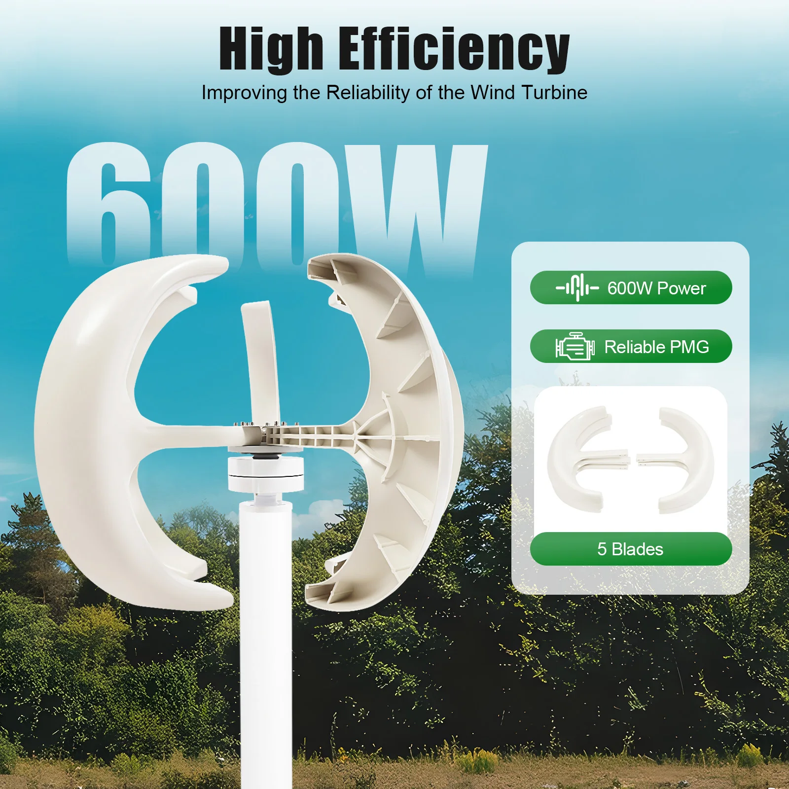 600W 12V/24V Wind Solar Turbine Generator with Flange Plate, Controller, 5 Blades PMG/MLG Motor