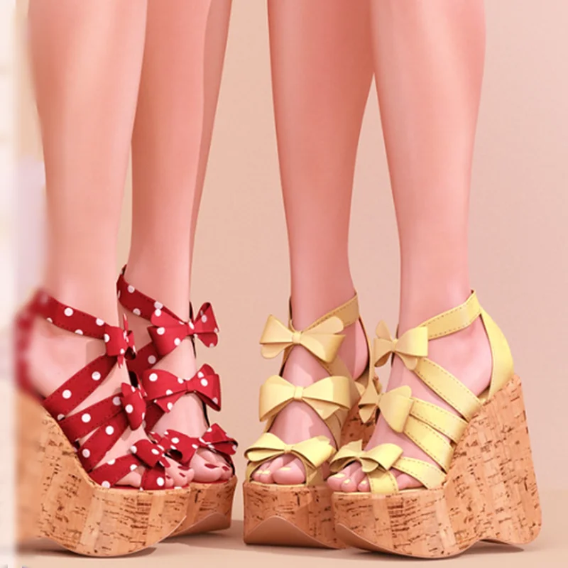

Red Bow Knot Wood Pattern Sandals Wedge Heel Peep Toe Fashion Sexy Cool 2025 Summer Big Size Woman Shoes Zapatillas Mujer