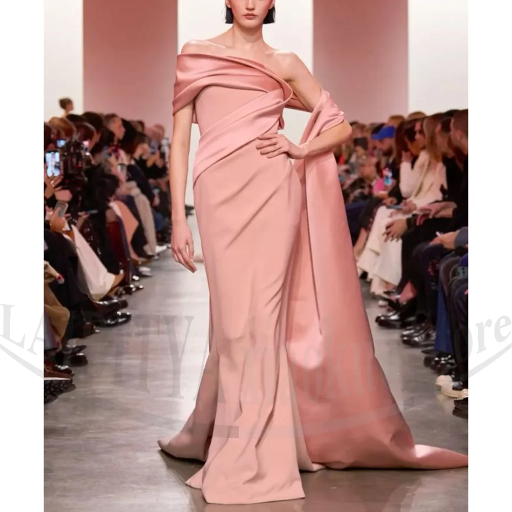 Vestidos de baile rosa plissados personalizados moda elegante vestidos de festa fora do ombro até o chão vestidos de noite formais femininos