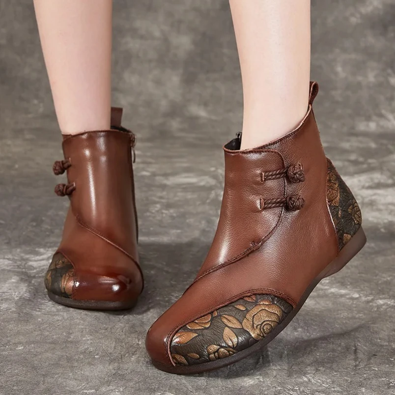 

Женские модные ботинки в стиле ретро в этническом стиле 2025 года, кожаные ботинки премиум-класса из воловьей кожи с принтом, осенне-зимние ботинки на высоком каблуке