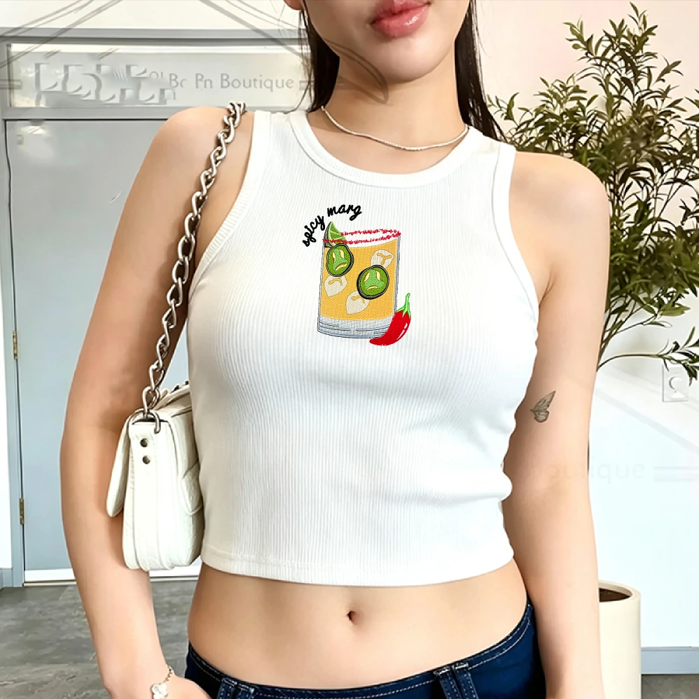Spicy Chili Jalapeno Cocktail Drink Graphic Print Ribbed Tank Slim Sleeveless Camisole Trendy Y2K Top Casual Cropped Crop Tank